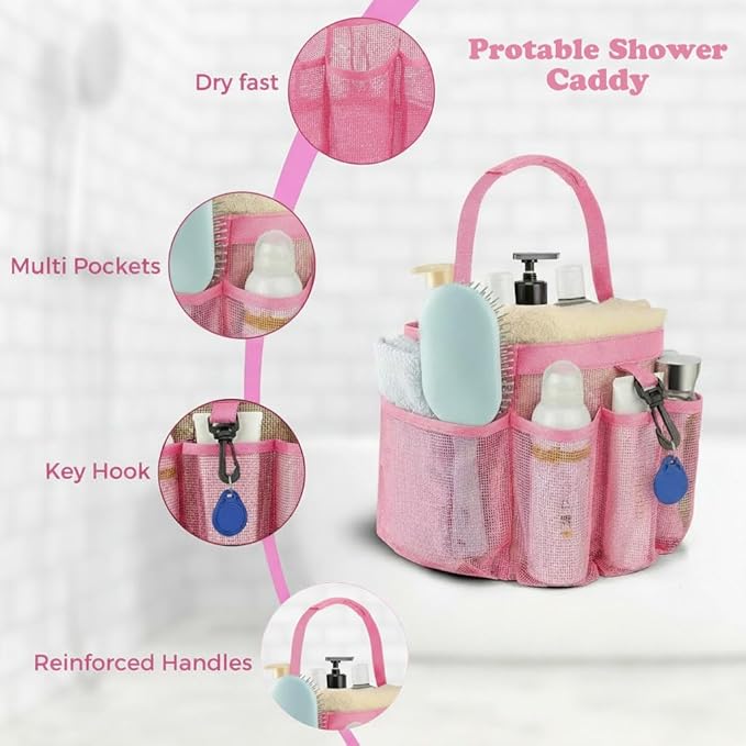Mesh Shower Caddy Portable for College Dorm Room Essentials,Hanging Shower Caddy Dorm Basket with 8 Pockets,Quick Dry Shower Bag for Bathroom,Beach,Swimming,Gym (Light Pink) - Image 3