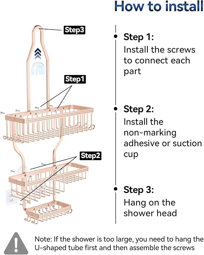YASONIC Shower Caddy Hanging - Never Rust Shower Organizer - Aluminum over The shower head caddy with 10 Hooks for Razor/Sponge - Shower Rack with Soap Basket - Rose Gold - Image 7