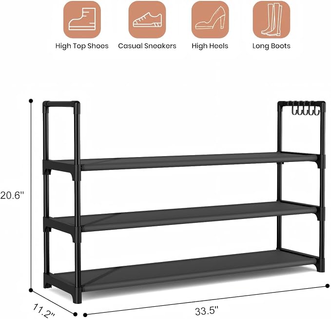 VILICK Shoe Rack for Closet Shoe Organizer Space Saver Storage for 12-15 Pair Shoe Shelf with Hook Free Standing 3 Tier Shoe Rack Organizer for Entryway, Small Spaces, Black - Image 3
