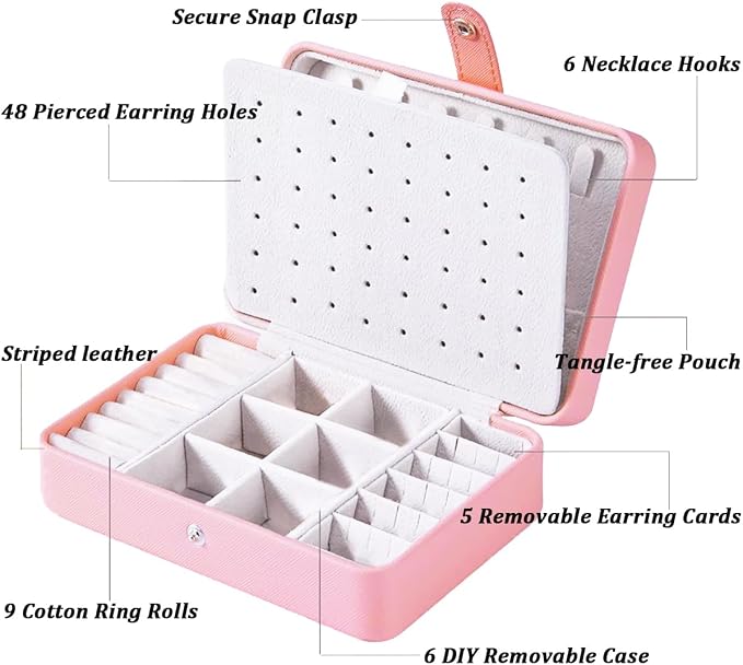 QBestry All-in-One Travel Jewelry Organizer for Women Pink | Small Jewelry Box with 68 Earring Holes | Compact Portable Jewelry Case for Earrings, Rings, Necklaces | Perfect Gifts for Mom Wife Girls - Image 8