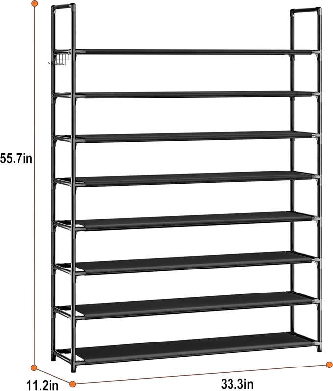 OYREL 8 Tier Shoe Organizer, 33.3in Wide x 11.2in Deep x 55.7in Tall, Black Metal and Plastic Shoe Rack, Holds up to 32-40 Pairs of Shoes - Image 3