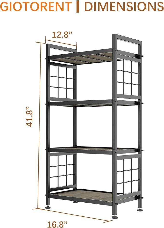 GIOTORENT 4-Tier Pantry Shelves with Wooden Boards, Heavy Duty Storage Shelves & Book Shelf, Adjustable Metal Shelving Unit for Kitchen Bathroom Laundry Organizer, Sturdy Rust-Resistant, Black - Image 3