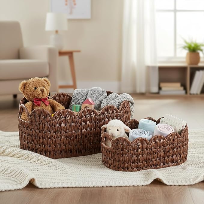 Coeusy Wicker Scalloped Basket Set of 2,Woven Storage Baskets for Shelves,Closet,Laundry,Gift,Towels,Books,Toys,Waterproof Cute Decor Basket for Organizing,Brown - Image 5