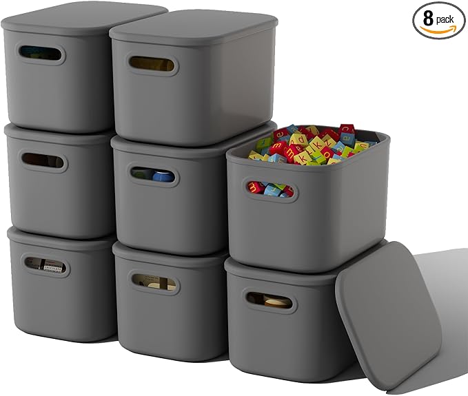 ORGIDOL 8 Pack Dark Grey Storage Bins with Lids Stackable Storage Container for Organizing, Storage Boxes with Handle for Shelves, Cute Organizer Bins for Craft, Snacks, 9.85x6.9x5.7 inch by ORGIDOL