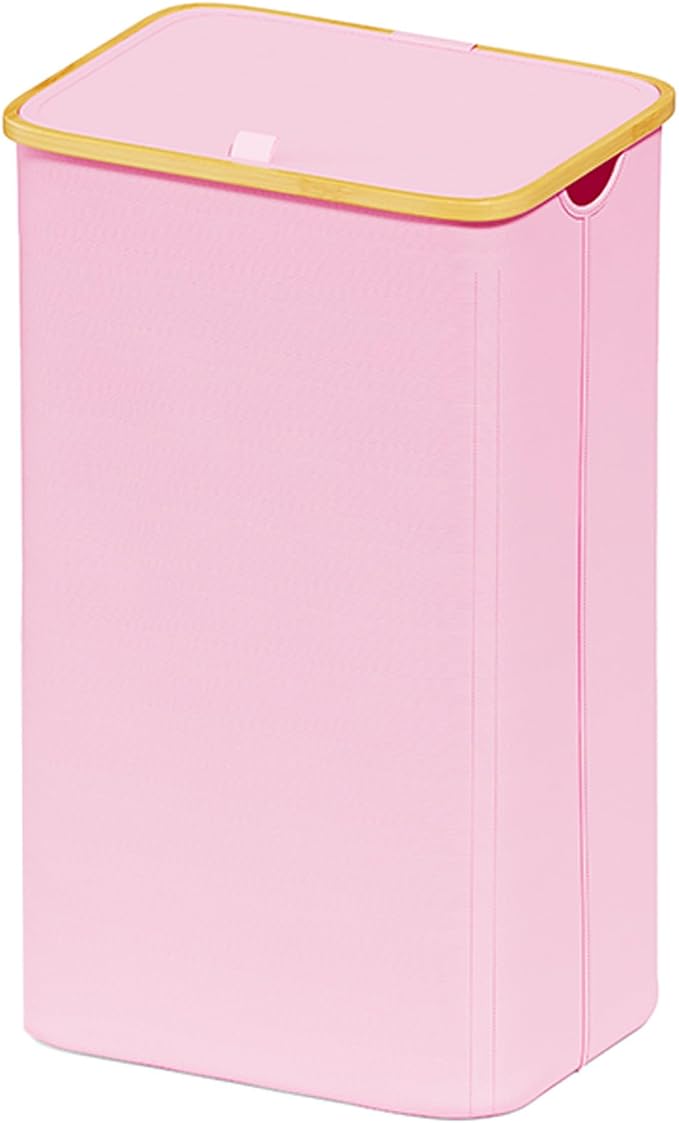 SUOCO Laundry Hamper with Lid, 29 Gal (110L) Clothes Basket with Bamboo Handles, Large Foldable Laundry Hamper for Bedroom, Bathroom, Dorm, Laundry Room - Pink by SUOCO