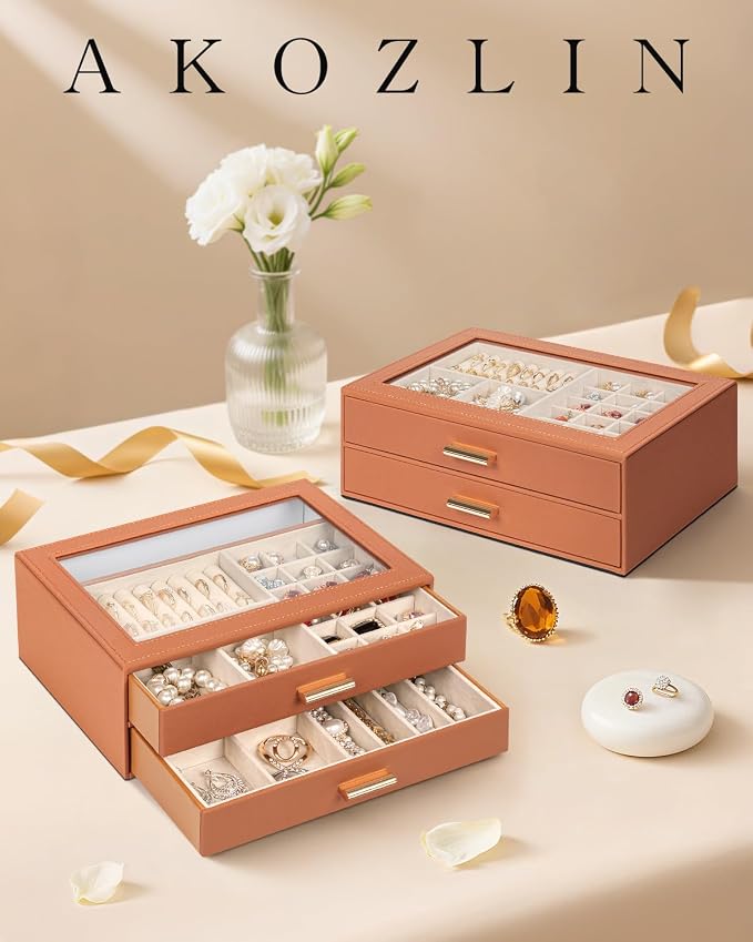 AKOZLIN Jewelry Box with Clear Lid Functional Leather Jewelry Storage Organizer Case 2 Drawers for Women Girls Necklace Ring Bracelet Earring - Image 7