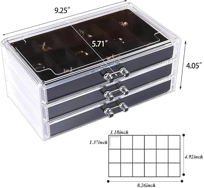 YUFONG Earring Organizer Box Acrylic Jewelry Organizer with 3 Drawers 54 Adjustable Grids Clear Stackable Earring Holder Velvet Trays Ring Display Case for Women Girls (Black) - Image 6