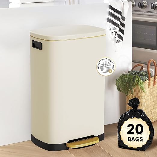 ELPHECO Kitchen Trash Can with Lid Soft Close, 13 Gallon / 50L Stainless Steel Pedal Garbage Can, Heavy-Duty Fingerprint Proof Step Wastebasket with 20 Bags, Removable Bucket, Home Office, Cream Beige - Image 2