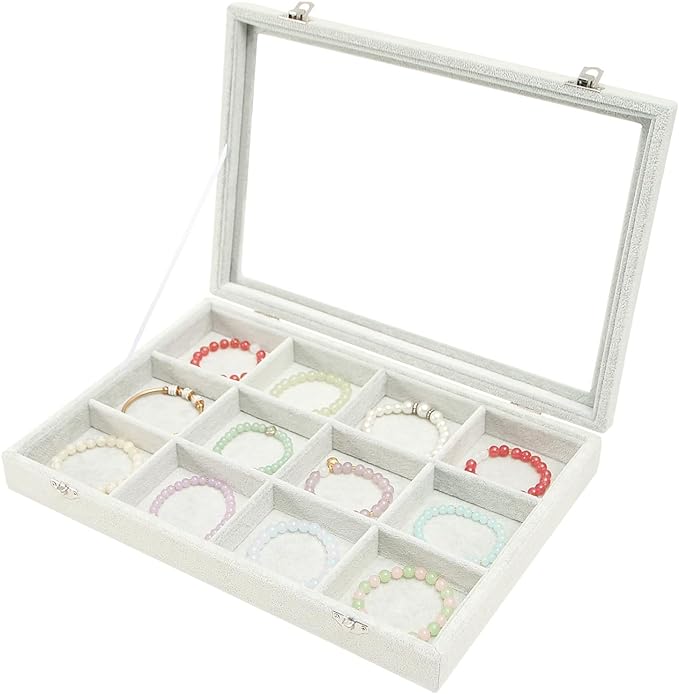Coward Jewelry Organizer Tray Box, Grey Beige Velvet 12 Grids Bracelet Bangle Necklace Jewelry Display Tray Case with Transparent Glass Lid for Home Desk Drawer or Store Selling Show by FocusOnJewelryDisplay15yrs
