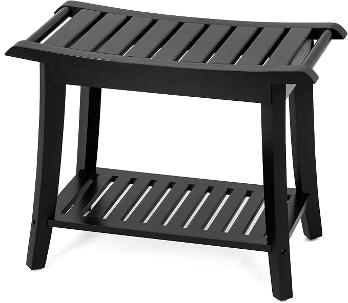 Bamboo Shower Bench Inside Shower Stool with Storage Shelf, Spa Bath Chair for Bathroom, Seat or Organizer for Living Room, Bedroom and Garden - Great for All Ages Unisex Elderly (Large, Black) by Unibambou