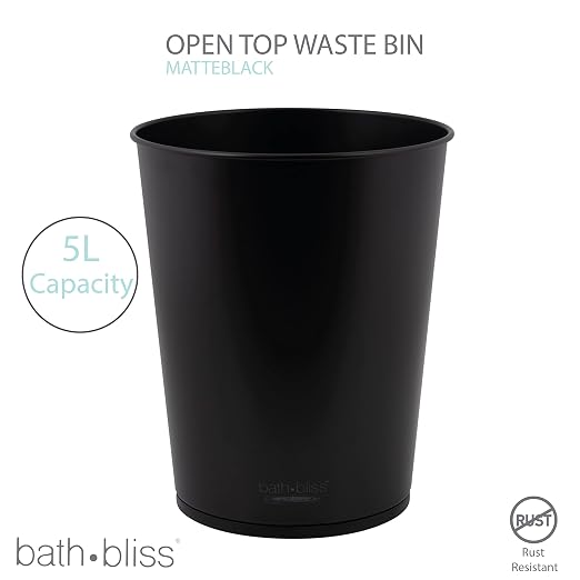 Bath Bliss 5 Liter Small Wastebasket | Round Open Top | Trash Can | Bathroom | Bedroom | Kitchen | Office | Dorm | Disposal Waste Bin | Garbage | Matte Black - Image 2