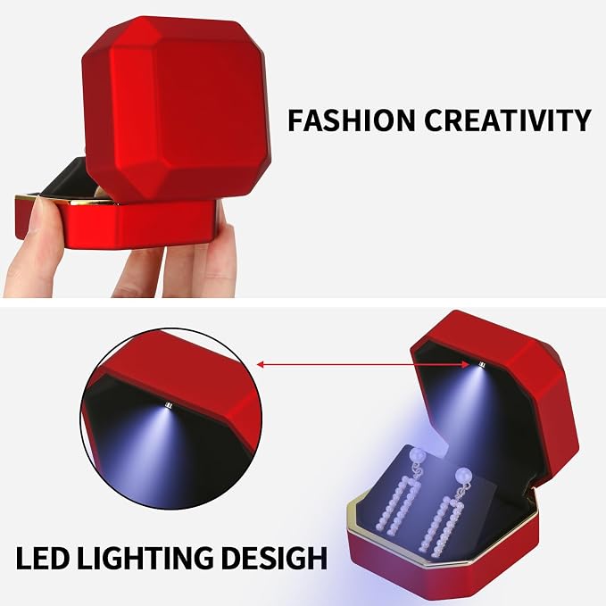 Luxury LED Jewelry Earring Pendant Stud Box, Velvet Earring Necklace Gift Box Storage Case Organizer Holder for Proposal Engagement Wedding Anniversary Birthday Ceremony (Red) - Image 3