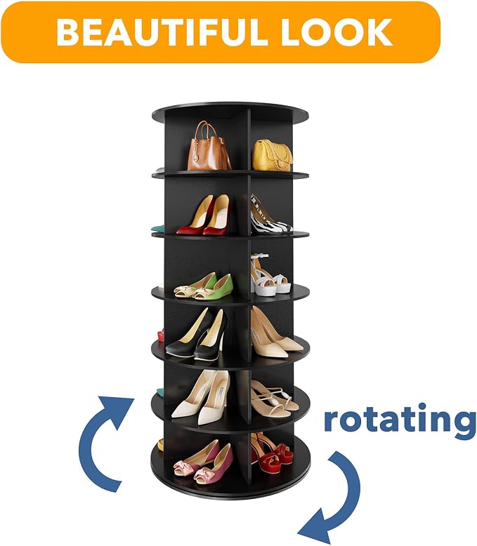 SpaceAid 6 Tier Rotating Shoe Rack Tower, Spinning Shoe Display Lazy Susan, Revolving 360 Shoe Rack Storage Round Carousel, Vertical Handbag Rotate Shoes Closet Organization (6-Tier Black) - Image 7
