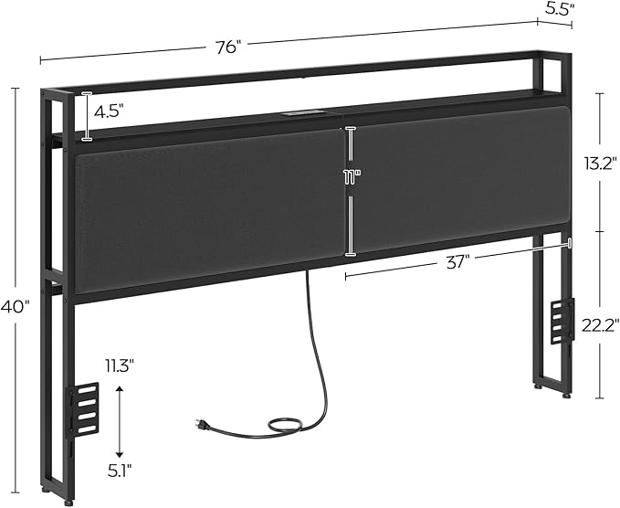 YATINEY King Size Headboard Only, Upholstered King Headboard with Charging Station, Head Board with Open Storage, Height Adjustable, Vintage Style, Sturdy and Stable, Black