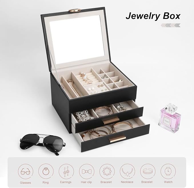 Women's Luxury Jewelry Armoire with Mirror - Compact 2-Drawer Chest with Ring Rolls & Necklace Hooks, Ideal Gift for Women Black - Image 6