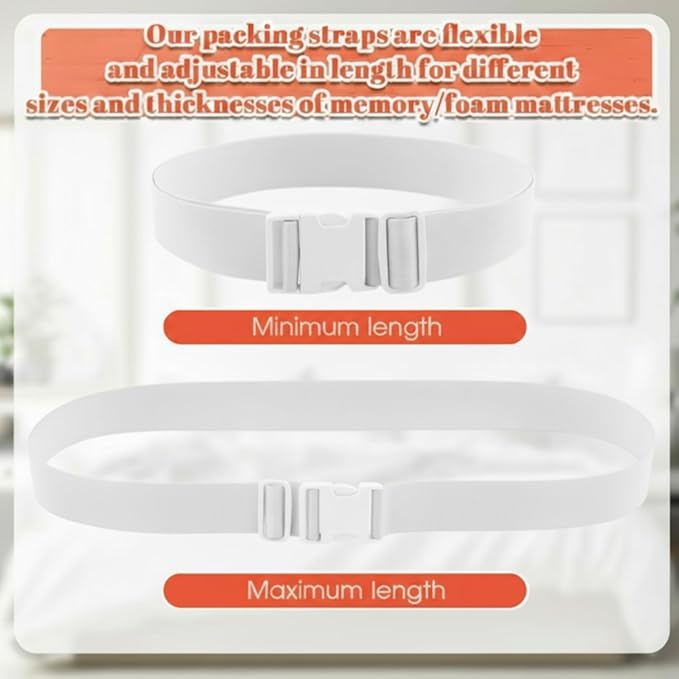 2 Pcs 60" x 2" Mattress Topper Straps Adjustable Memory Foam Packing Straps with Buckles for Home Mattress Moving or Storage, White