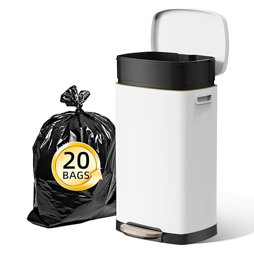 KUK 13 Gallon Kitchen Trash Can with Lid, 50L/13Gal Office Step Garbage Can for Home, Kitchen, Laundry Room, Office, Brushed Stainless Steel, White by KUK