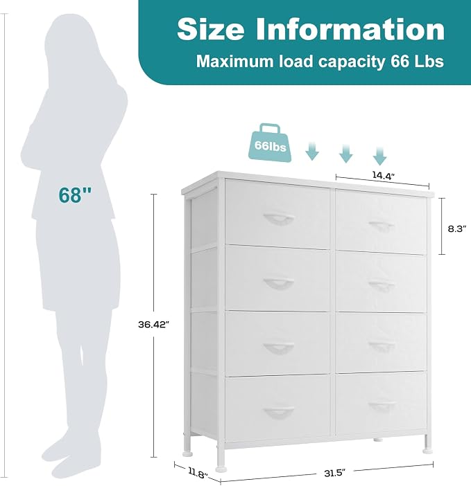OLIXIS 8 Drawer Storage Dresser with Wood Top - Wide Fabric Chest Organizer for Bedroom, Closet, Living Room,Tower Cabinet, TV Stand, Hallway Entryway Furniture,White - Image 3