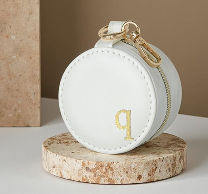 COLLECTIVE HOME - Monogrammed Letter Jewelry Case, Portable Travel Ring Holder Box with Keychain, Personalized Initial Organizer for Earrings Necklaces, Gift for Her (White-q) - Image 2