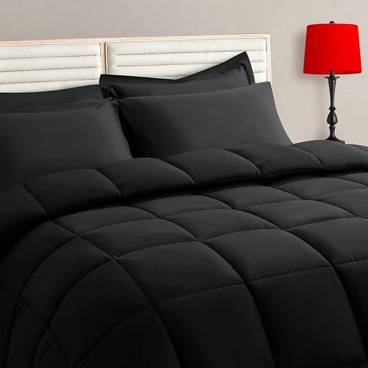 TAIMIT California King Comforter Set - 7 Pieces, Bed in a Bag Bedding Sets with All Season Soft Quilted Warm Fluffy Reversible Comforter,Flat Sheet,Fitted Sheet,2 Pillow Shams,2 Pillowcases,Black