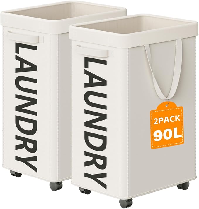 Optish 2 Pack Rolling Laundry Basket with Wheels, 90L Hamper with Wheels and Removable Mesh Bag, White Laundry Baskets on Wheels for Bedroom, Dorm, Clothes Hamper Organizer by Optish