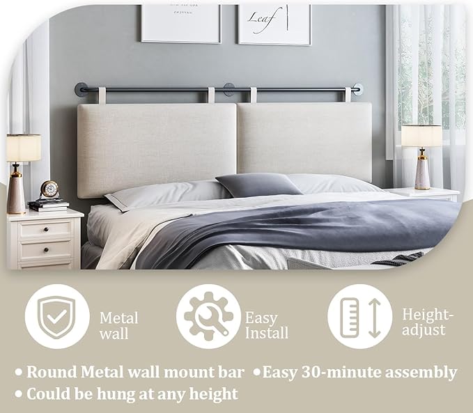 BSHOMGI Headboards Queen Size Bed Headboard Wall Mounted Headboards for Bed with Linen Upholstery Cabeceras De Cama Hanging Headboard for Bedroom (Beige, Queen)