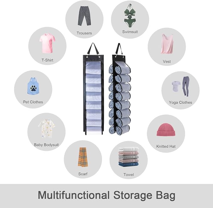 DHSFKBE Legging Organizer Storage - 2PCS T Shirt Organizer, Hanging Closet Organizers and Storage with 16 Roll Independent Compartments for Yoga Pants, Towel, Bathing Suit (Black) - Image 3