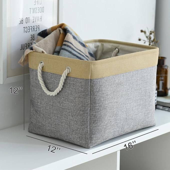 TheWarmHome Storage Basket for Organizing - Fabric Large Cubes 3 Pack 16x12x12 inch Baskets, Cube Storage Bin for Shelves Organizer Closet Cloth Gift Toy (Gold & Grey) - Image 5