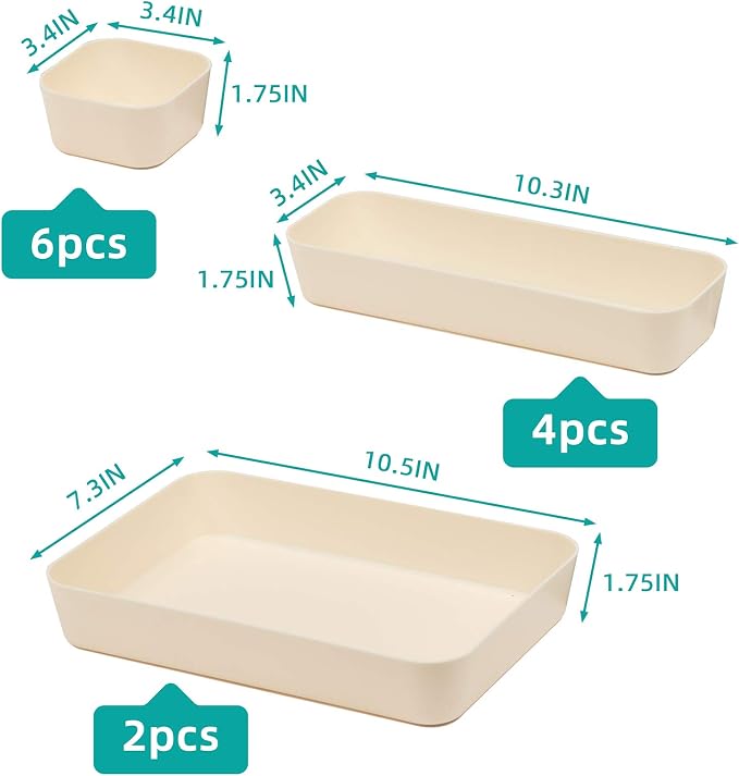 Backerysupply Set Of 12 Beige Color Plastic Desk Drawer Organizers For Makeup Bathroom Office Kitchen Vanity Drawer Storage Box Container - Image 2