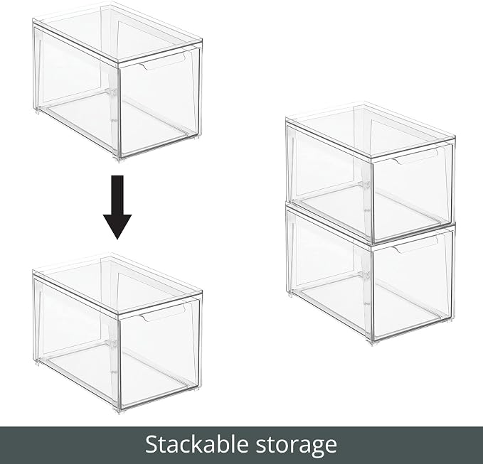 mDesign Plastic Stackable Closet Storage Organizer Bins with Pull Out Drawer for Cabinet, Desk, Shelf, Cupboard, or Dresser Organization - Lumiere Collection - 2 Pack - Clear - Image 5