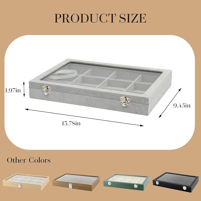 KOOAAICCHI Jewelry Organizer Bracelet Organizer Storage Box 12 Grid Stackable Jewelry Tray with Lid Velvet Jewelry Box Case Organizer for Home Drawer Desk or Store Selling Show(Velvet Grey) - Image 6