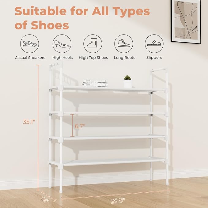 LANTEFUL 4 Tier Shoe Rack for Closet Shoe Organizer with 5 Hooks, Long Shoe Shelf Storage for Shoe and Boot Stackable Free Standing Shoe Rack for Entryway, Garage, Small Spaces, Dorm, White - Image 3