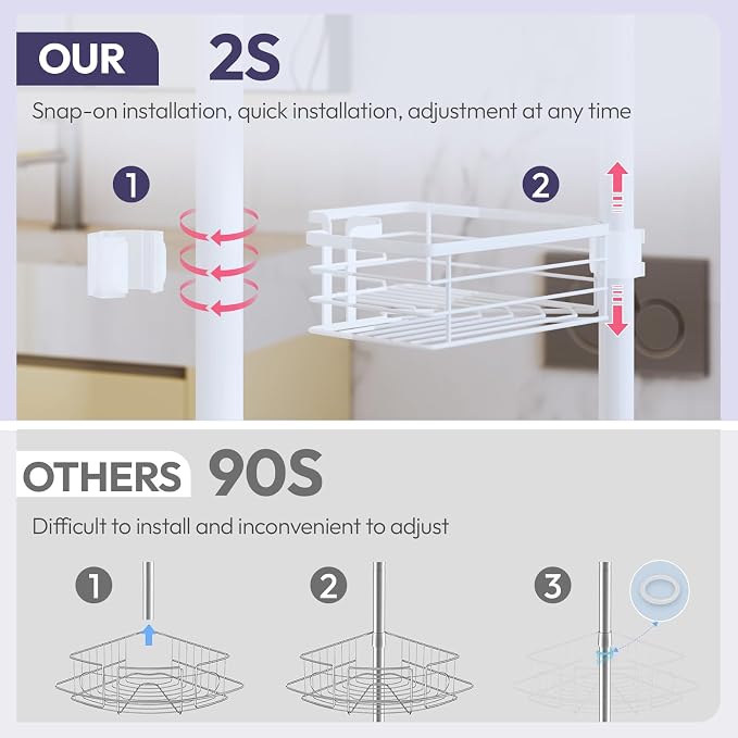 SWTYMIKI Shower Caddy Tension Pole - 4-Tier Corner Shower Organizer Tension Rod with Soap Holder, Toothbrush Holder & 4 Hooks, Adjustable Stainless Steel Bathroom Organizer 27.6 to 108.3 inch, White - Image 3