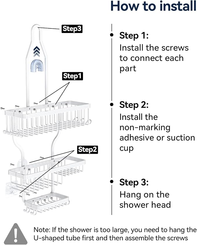 YASONIC Never-Rust Aluminum Hanging Shower Caddy – Over-the-Showerhead Organizer with 10 Hooks for Razor and Sponge – Includes Soap Basket – White - Image 7