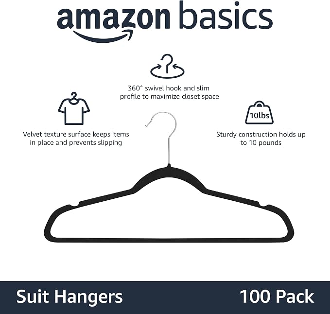 Amazon Basics Slim Velvet Non-Slip Space Saving Suit Clothes Hangers, Closet Organizer, Black/Silver, 100-Pack - Image 2