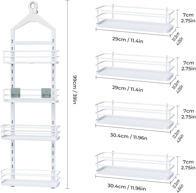 ODesign 4 Tier Height-Adjustable Shower Caddy Hanging Anti-Swing-Over The Shower Head Caddy-Storage Organizer Bathroom Shelves Basket-White - Image 9