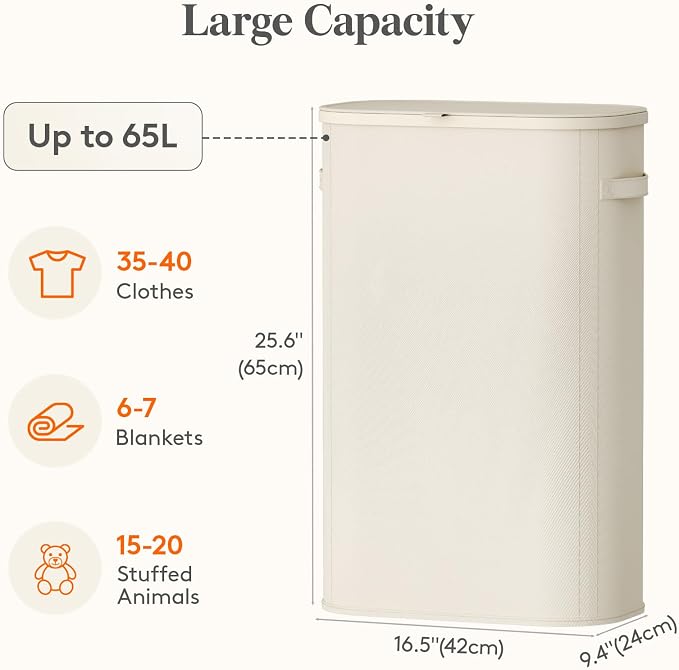 Lifewit Slim Laundry Basket with Lid, Narrow Large Laundry Hamper with Plastic Handles and Removable Bag, Tall Foldable Dirty Clothes Hampers for Laundry Room, Bedroom, Bathroom, Dorm, 65L White - Image 3