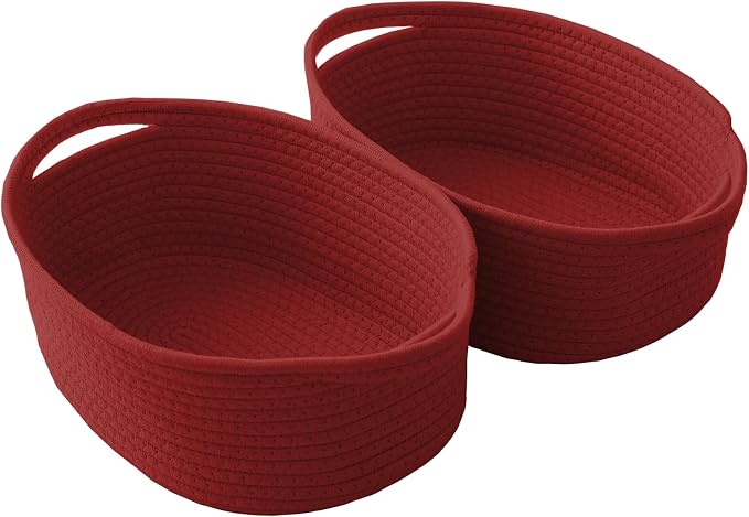 JMvicyroam Woven Basket,Small Rope Storage Bin with Handles & Ribbon Bag, Organizer for Shelves Closets,Gift Basket Empty for Birthday,Books,Dog Toys, Red/2 Pack by JMvicyroam