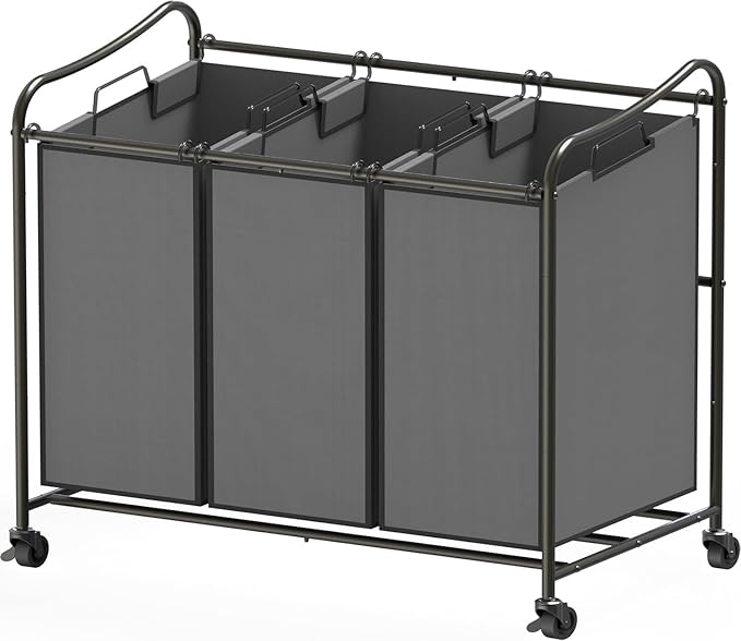 Simple Houseware Heavy Duty 3-Bag Laundry Sorter Rolling Cart, Dark Grey – Durable Triple Laundry Hamper with Removable Bags and Lockable Wheels for Efficient Laundry Organization by SimpleHouseware