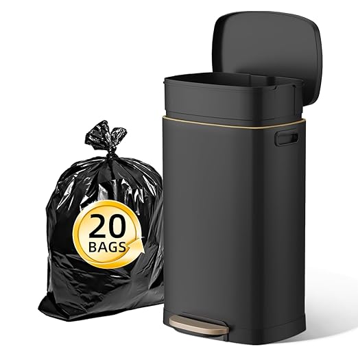 KUK 13 Gallon Kitchen Trash Can with Lid, 50L/13Gal Office Step Garbage Can for Home, Kitchen, Laundry Room, Office, Brushed Stainless Steel, Black by KUK