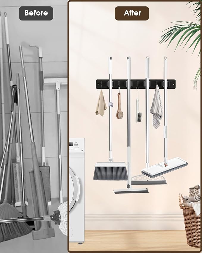 AceMining Broom Holder Wall Mounted, Black 4 Holders and 4 Hooks Mop Holder, Wooden Mop and Broom Holder with Anti slip rubber, Natural pine wood Brush Holder, Mop Wall Holde with Nail installation - Image 2