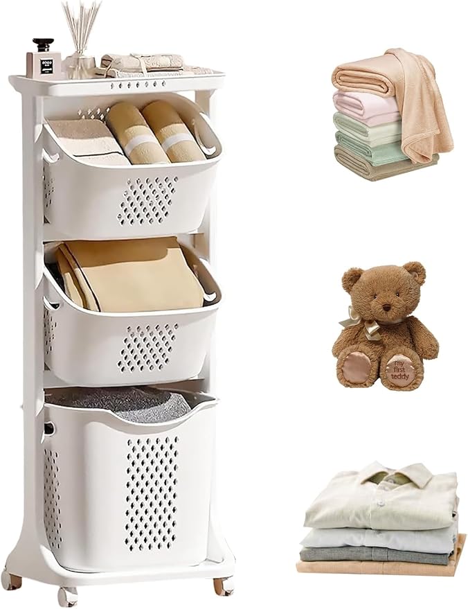 BAOKALER Rolling Laundry Hamper Cart with Wheels, 3 Tier White Laundry Baskets, Clothes Hamper with Portable Storage Baskets for Kitchens, Bathrooms, Bedrooms, Classrooms, Laundry Rooms(75L) by Unknown