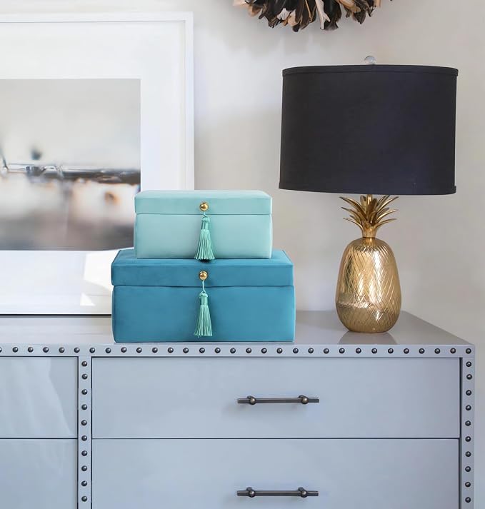 HofferRuffer Velvet Jewelry Boxes Decorative Boxes, Storage Accessory Organizer Boxes with Elegant Handle Decor, Classic Velvet Set of 2 Pieces (Blue) - Image 5