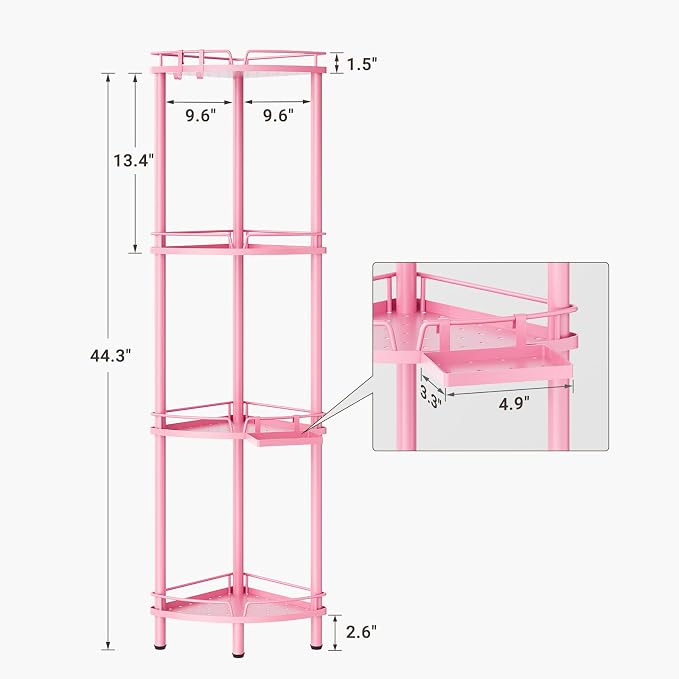 ELYKEN Corner Shower Caddy Standing, 4 Tier Rustproof Metal Shower Organizer with Soap Holder, Floor Shower Corner Shelf Rack Storage Stands with Adjustable Feet & 2 Hooks for Bathroom, Pink - Image 2