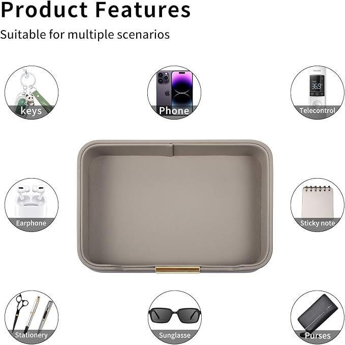 Luxury Leather Valet Tray Desktop Storage Organizer,Bedside Vanity Catchall Tray Nightstand Caddy Holder for Cosmetic,Jewelry,Watch,Keys,Phone,Wallet,Remote Controller,Pen,Gray - Image 7