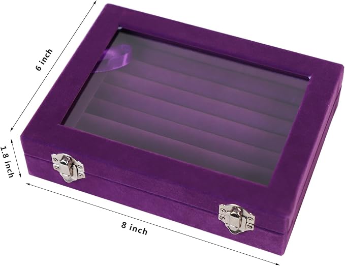 Jewelry Box Rings Organizer Tray 7 Slots Velvet Jewelry Earring Storage Box With Transparent Lid Jewelry Display Case for Girls Women (Purple) - Image 3