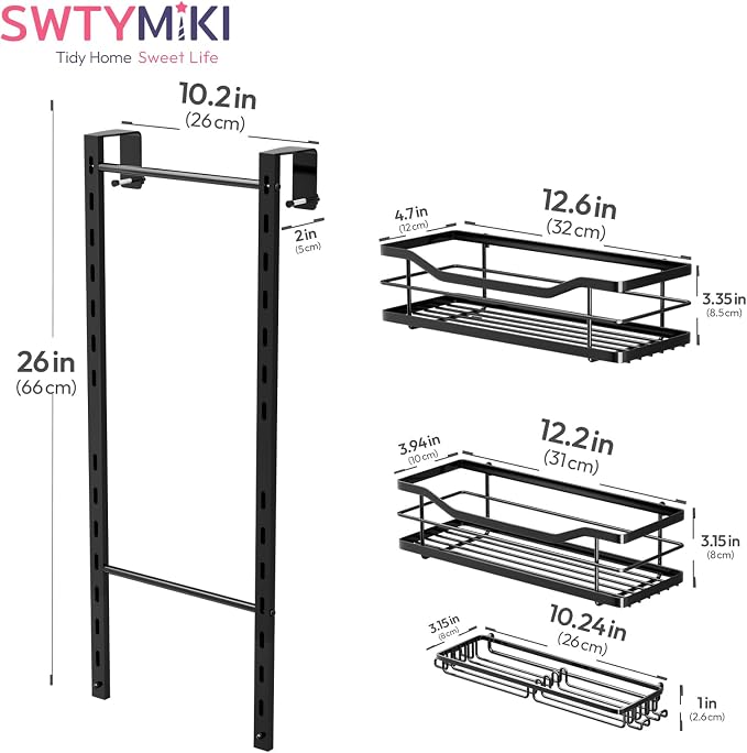 SWTYMIKI Over the Door Shower Caddy - 3 Tier Adjustable Shower Organizer Hanging with Soap Holder, No Drilling Stainless Steel Bathroom Rack Hanging for Body Wash, Shampoo, Soap, Razor, Black - Image 7