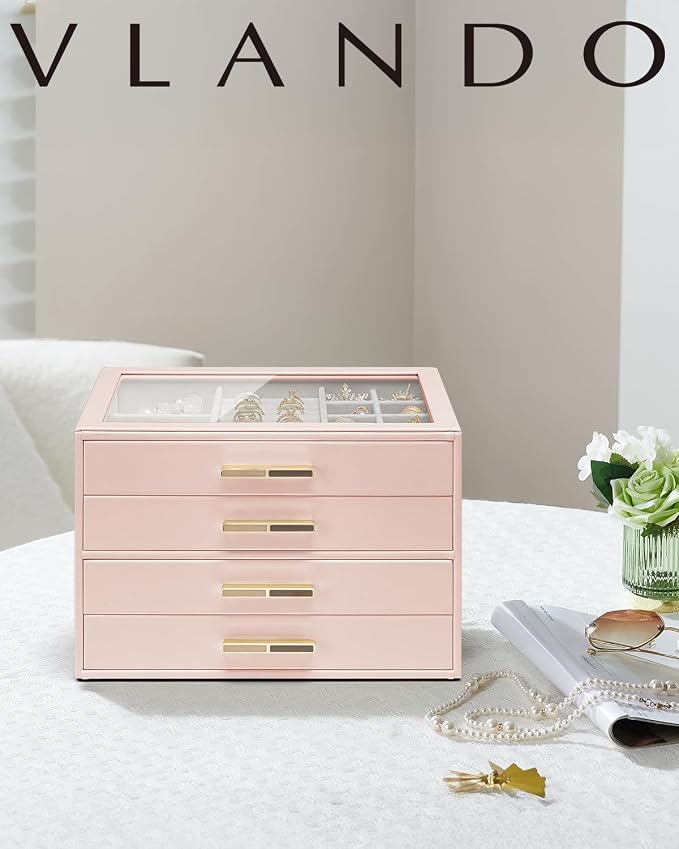 Vlando 4 Layer Jewelry Box for Women, Glass Lid Jewelry Organizer with 4 Drawers for Necklaces Rings Earrings Bracelets - Dark Pink - Image 8