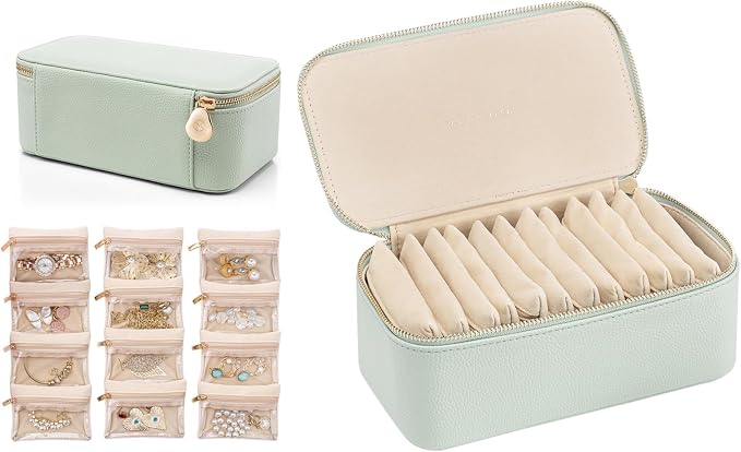 VLANDO Travel Jewelry Box Organizer – Portable PU Leather Jewelry Case with 6/8/12 Zippered Pouches, Compact Storage for Earrings Rings Necklaces Bracelets, Menthol Mambo by VLANDO