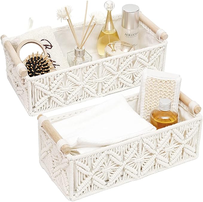 HOSROOME Macrame Storage Basket Boho Decor Baskets for Organizing Woven Decorative for Countertop Toilet Paper Basket for Tank Top for Home Decor Bedroom Nursery Livingroom Entryway (Set of 2) by HOSROOME